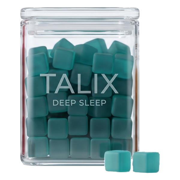 TALIX Deep Sleep gummies in a square glass jar, deep navy cubes