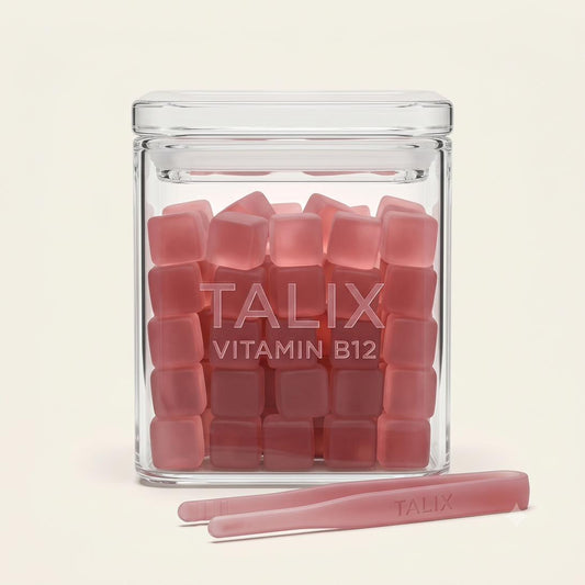 TALIX Vegan B12 gummies, square low-iron glass jar, jewel raspberry cubes